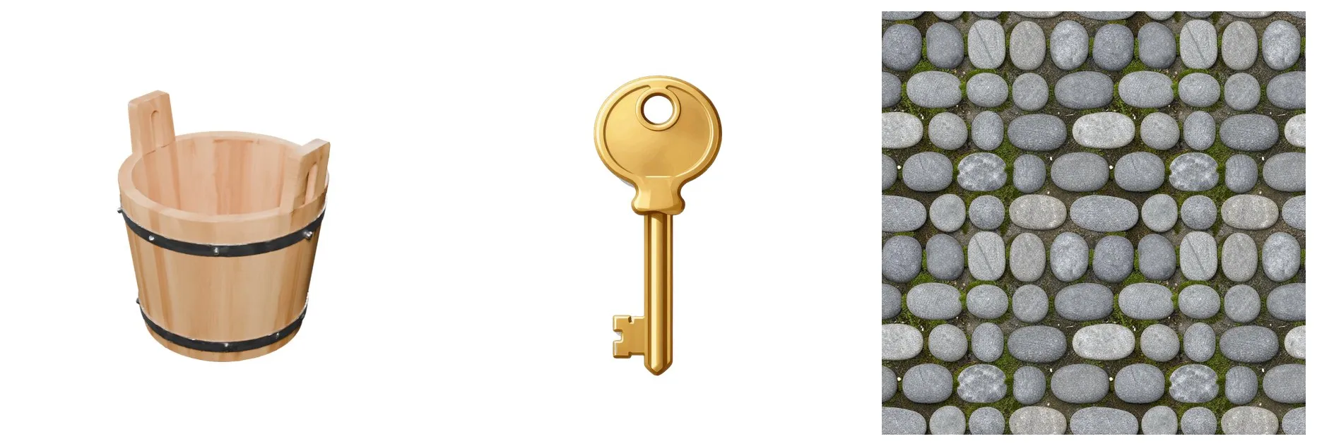 From one command each: a game-ready bucket, a cut-out key and a seamless cobblestone texture
