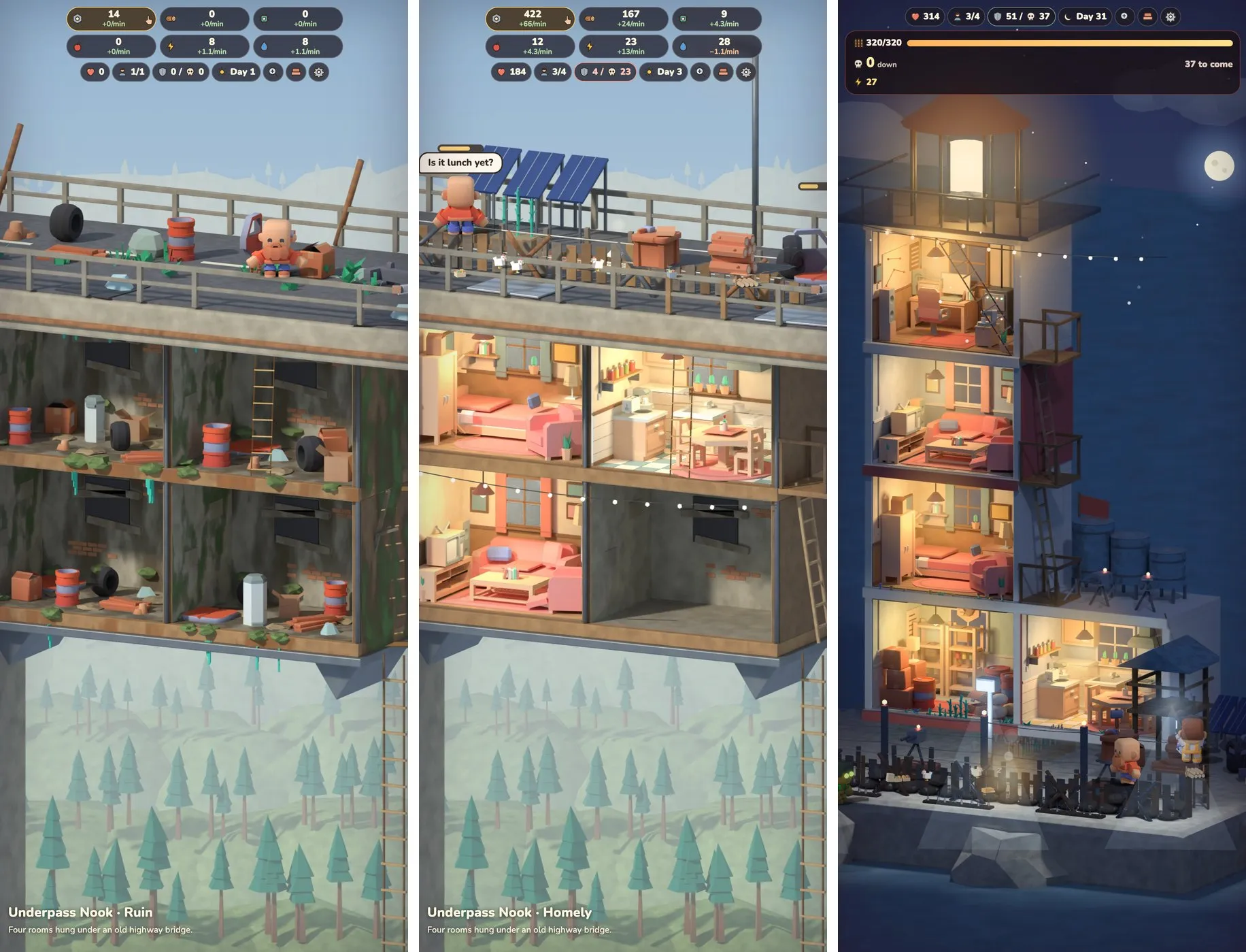 From a ruin to a home: the Underpass Nook before and after, and the lighthouse at night
